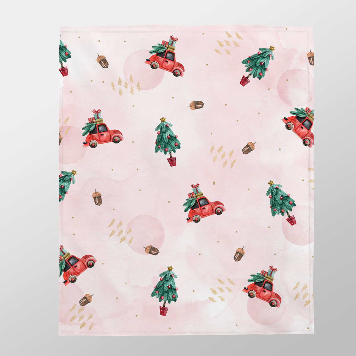 Watercolor Christmas Car With Gifts And Acorns Pink Pattern Velveteen Plush Blanket