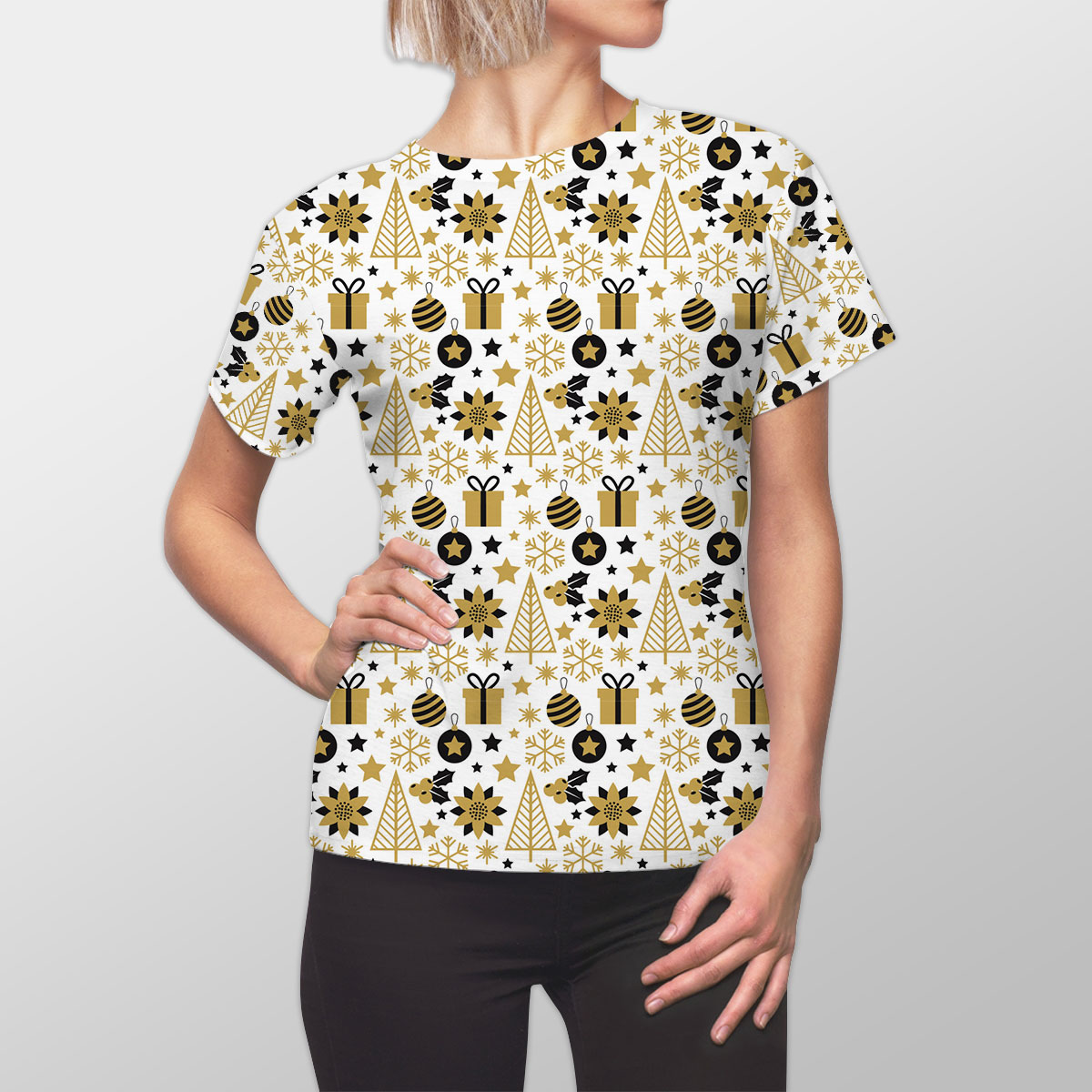 Black And Gold Christmas Gift, Holly Leaf, Snowflake On White Background Women Cut Sew Tee