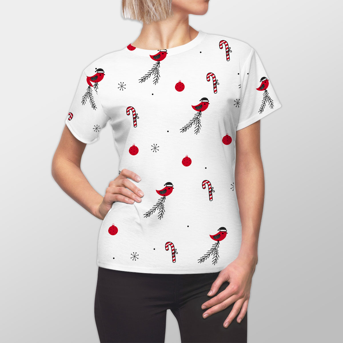 Cardinal Bird With Santa Hat, Candy Canes, Christmas Balls And Snowflake Clipart Seamless White Pattern Women Cut Sew Tee