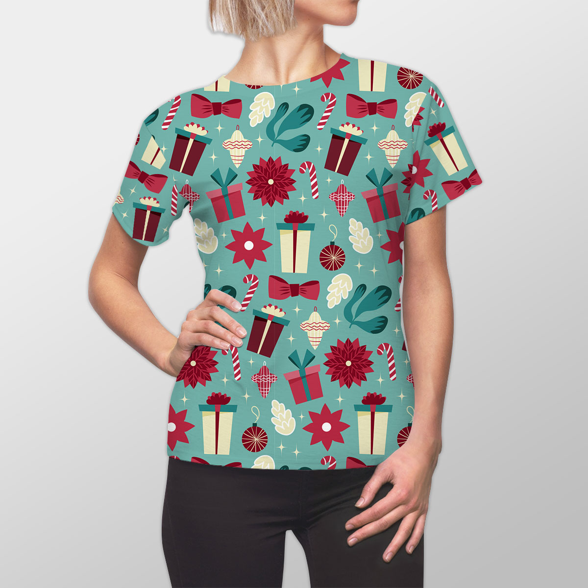 Christmas Gift, Candy Cane On Blue Background Women Cut Sew Tee