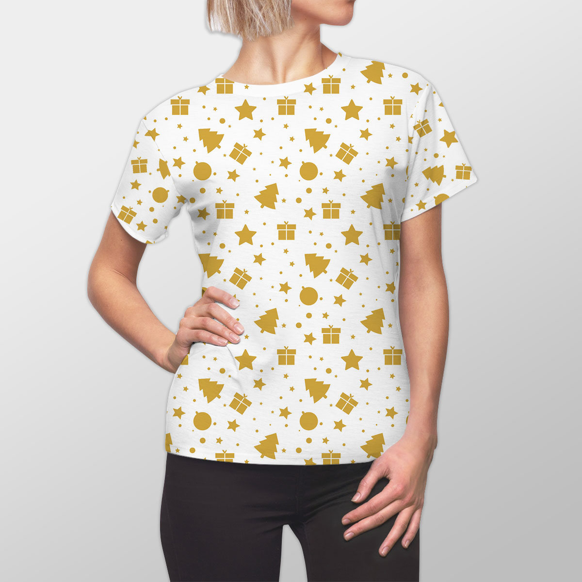 Christmas Gifts, Baudles And Pine Tree Silhouette Filled In Gold Color Pattern Women Cut Sew Tee
