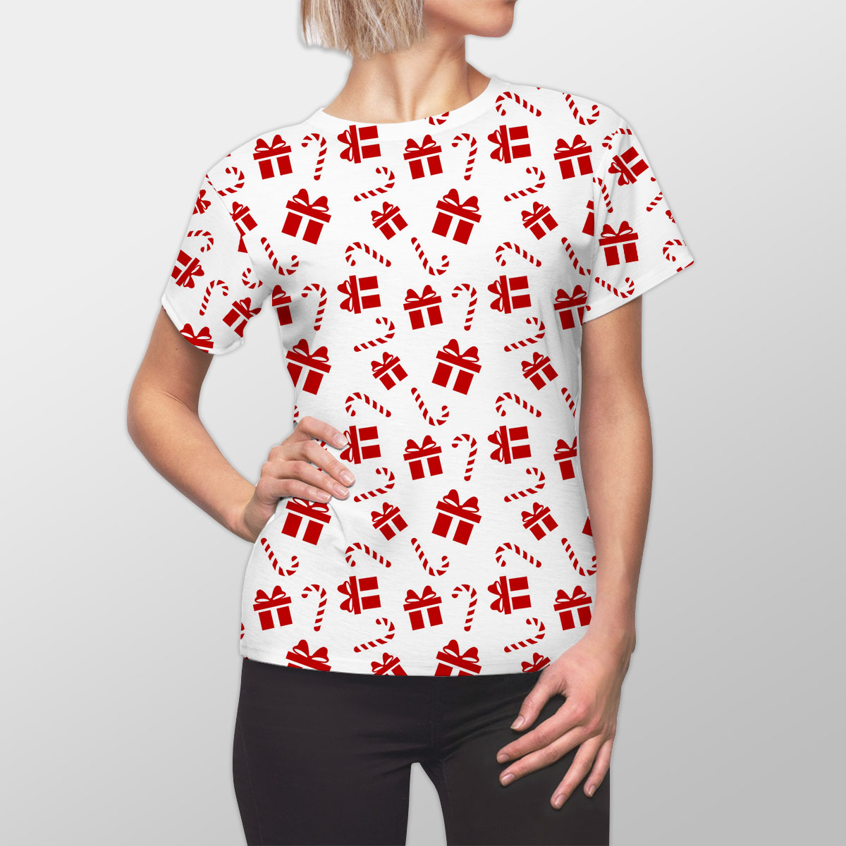 Christmas Gifts And Candy Canes Seamless White Pattern Women Cut Sew Tee