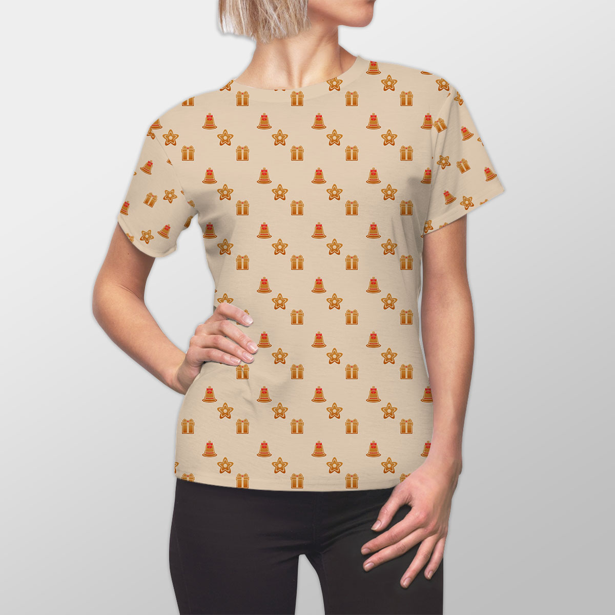 Christmas Pattern With Bells And Christmas Gift Women Cut Sew Tee