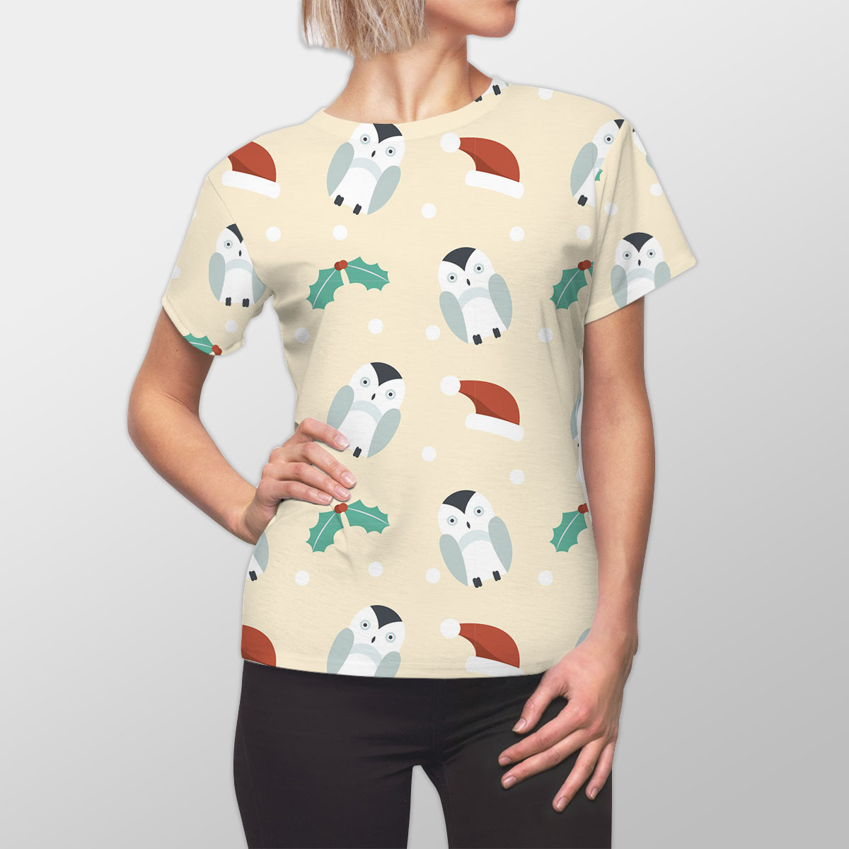 Christmas Penguins, Holly Leaf On Light Yellow Background Women Cut Sew Tee