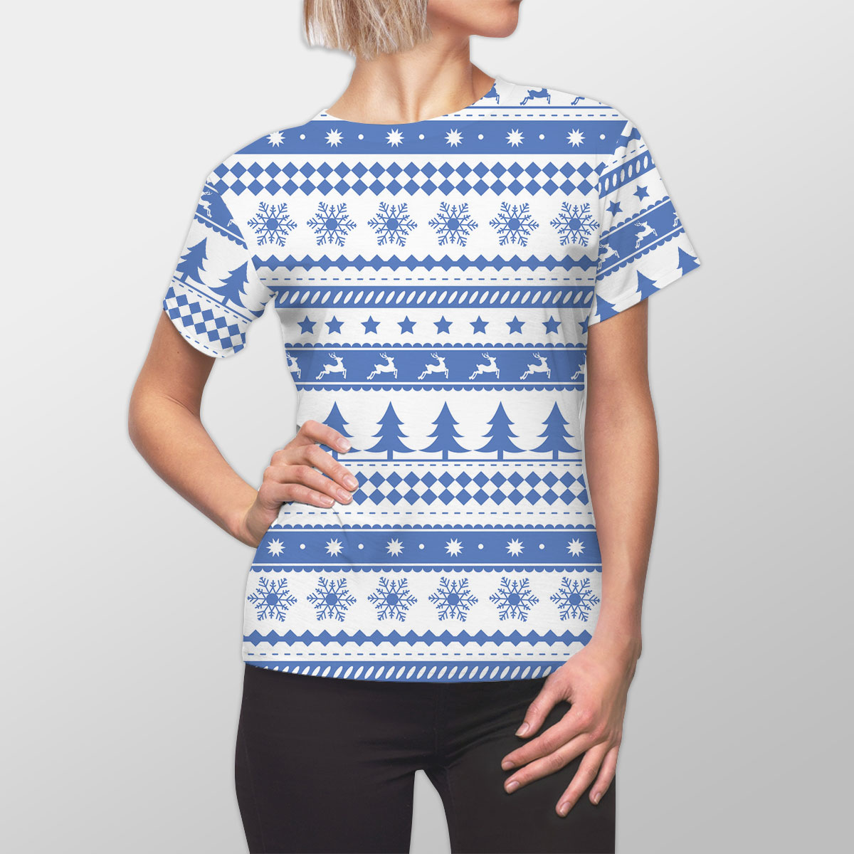 Christmas Pine Tree Silhouette, Reindeer And Snowflake Seamless Blue Pattern Women Cut Sew Tee