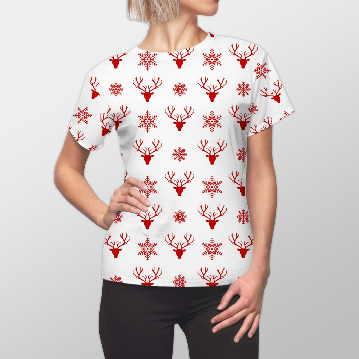 Christmas Reindeer And Snowflake Clipart Seamless White Pattern Women Cut Sew Tee