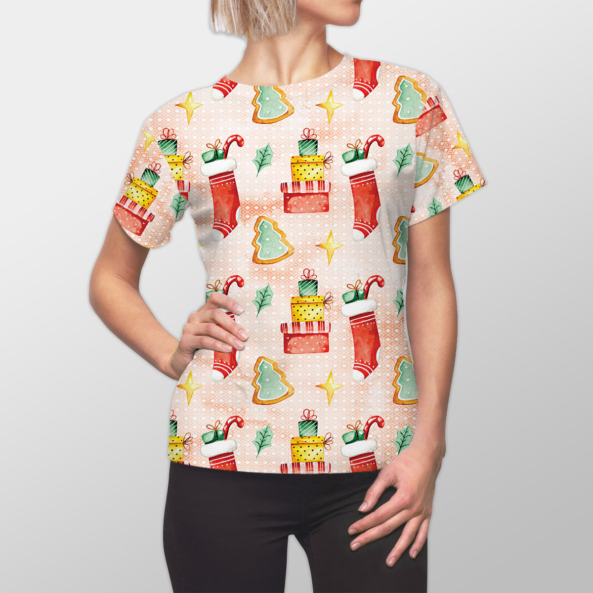 Gingerbread, Christmas Tree, Red Socks With Candy Canes Women Cut Sew Tee