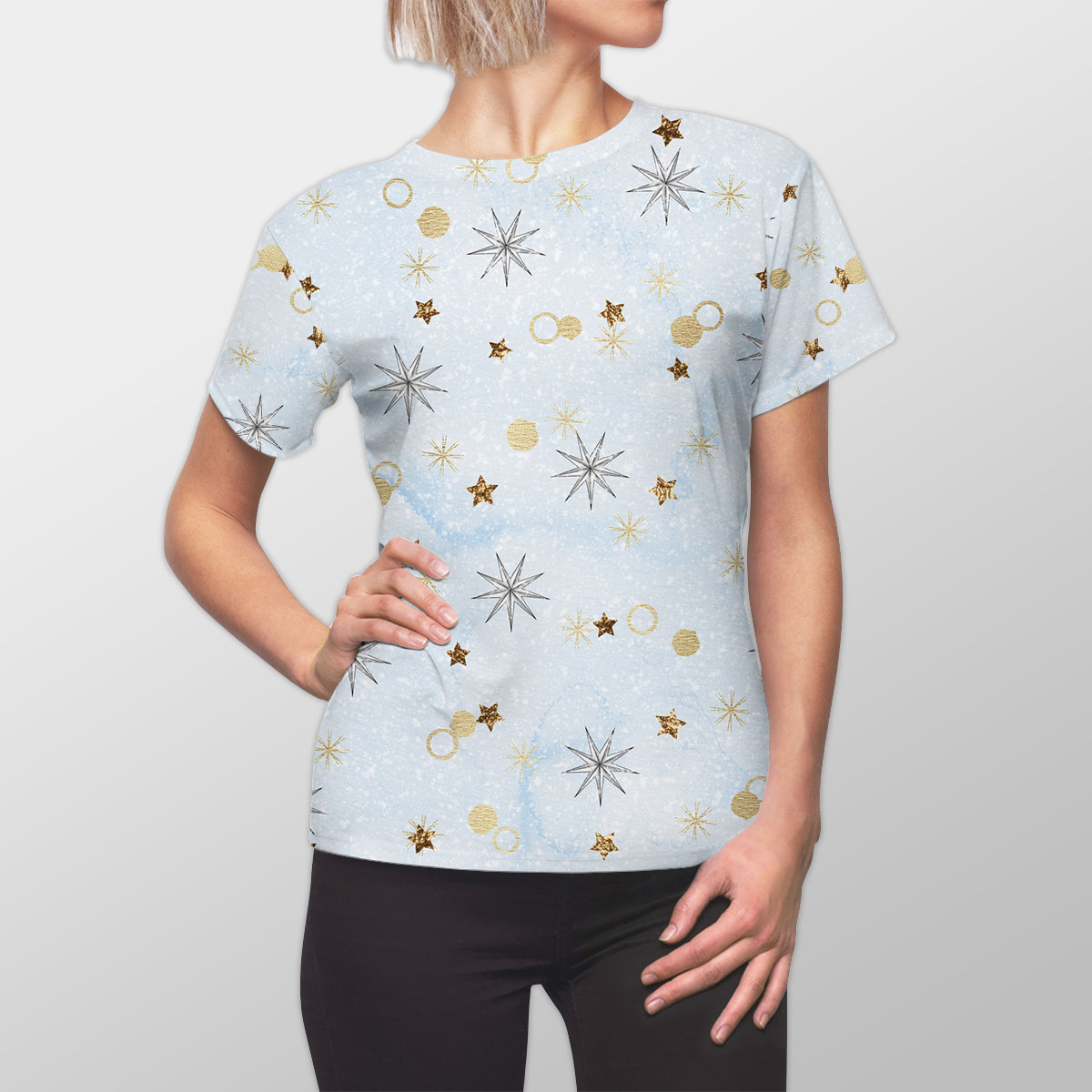 Gold Christmas Star On Snowflake Background Women Cut Sew Tee