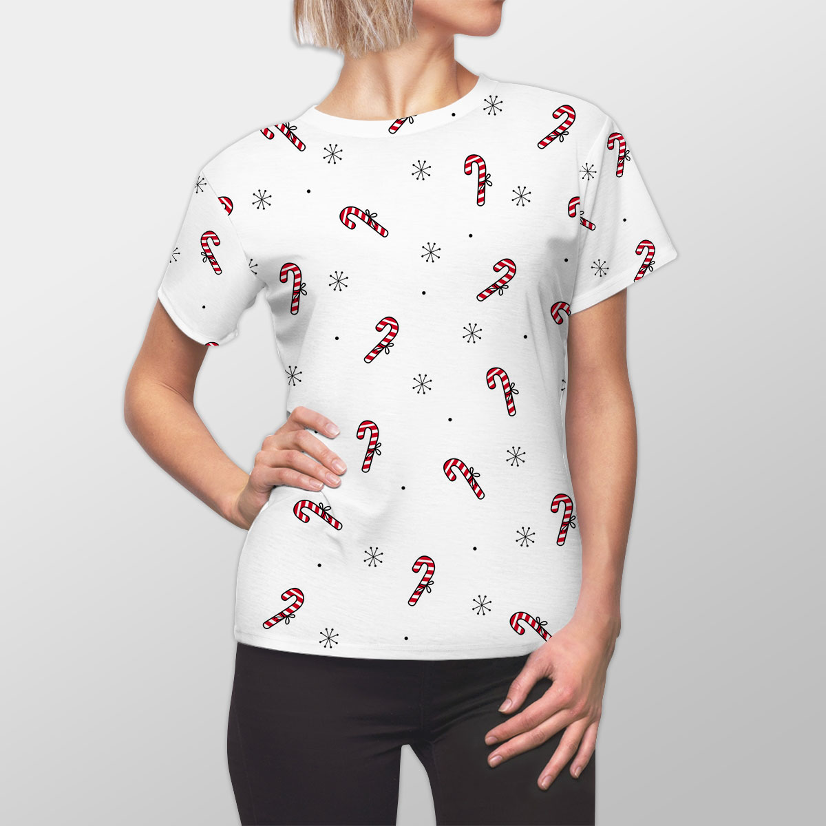 Hand Drawn Candy Canes, Snowflake Clipart Seamless White Pattern Women Cut Sew Tee