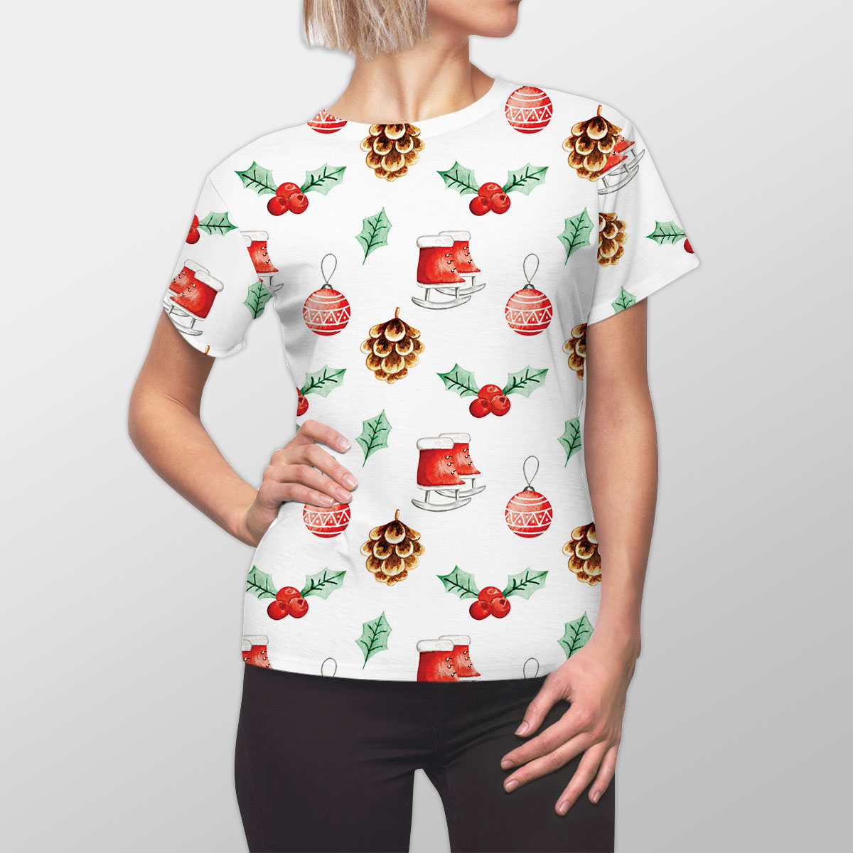 Ice Skates, Holly Leaf, Pine Cone And Christmas Baubles Women Cut Sew Tee