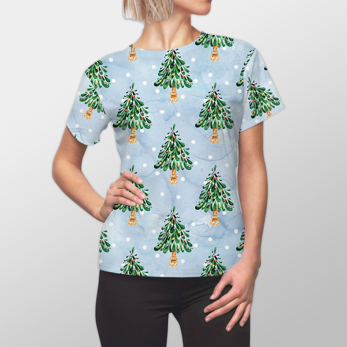 Pine Tree, Christmas Tree On Snowflake Background Women Cut Sew Tee