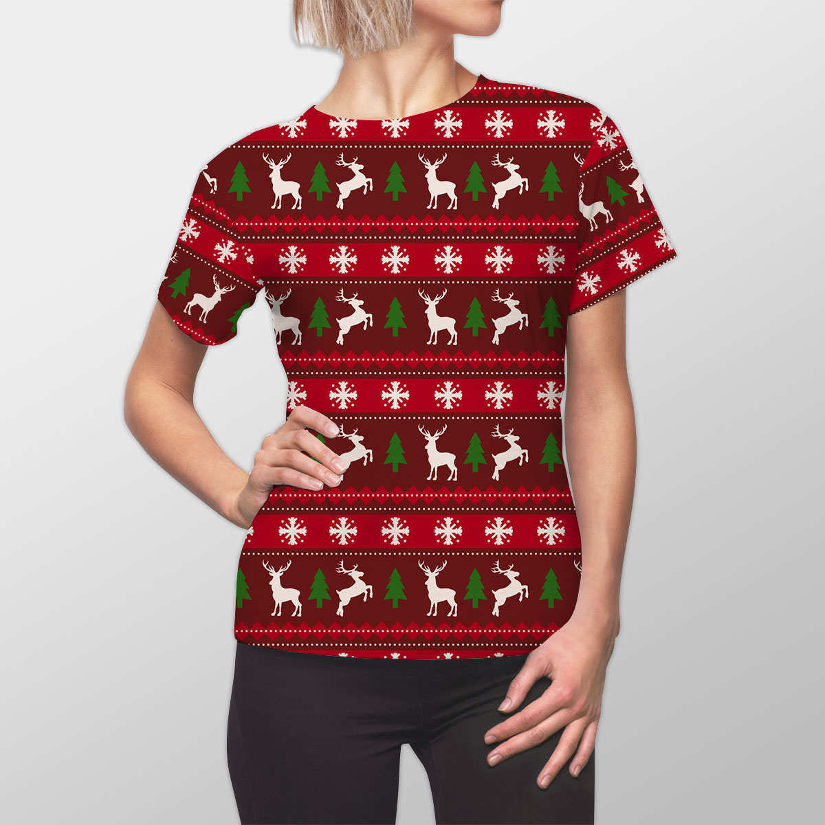 Red Green And White Christmas Tree, Reindeer With Snowflake Women Cut Sew Tee