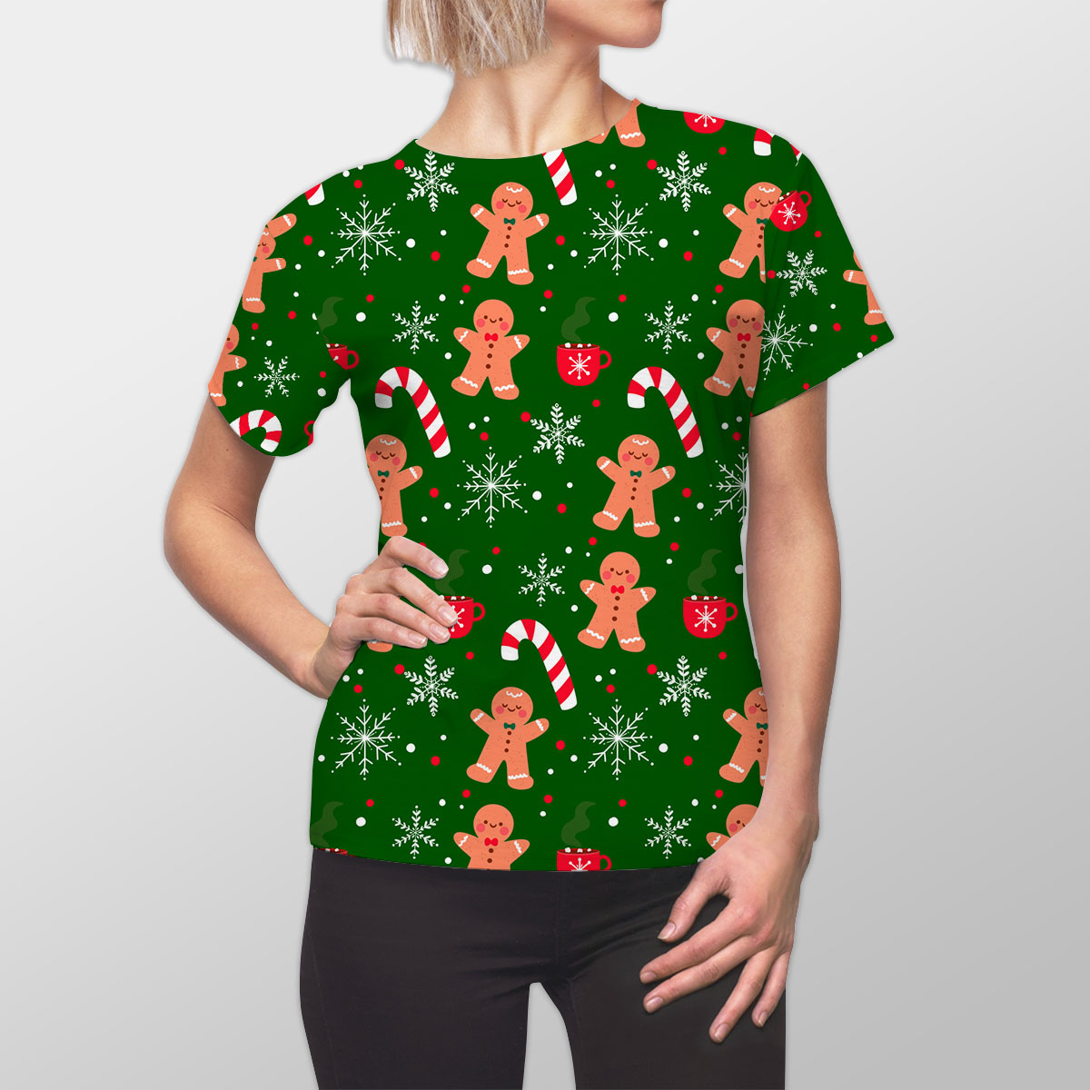 Red Green And White Gingerbread Man, Candy Cane With Snowflake Women Cut Sew Tee