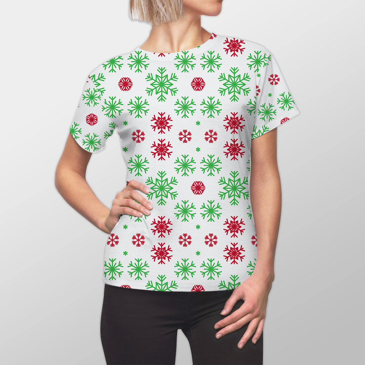 Red Green And White Snowflake Women Cut Sew Tee
