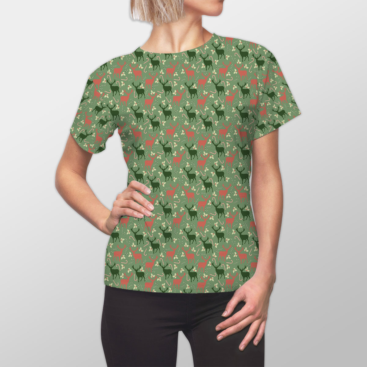 Reindeer, Christmas Flowers And Candy Canes Women Cut Sew Tee