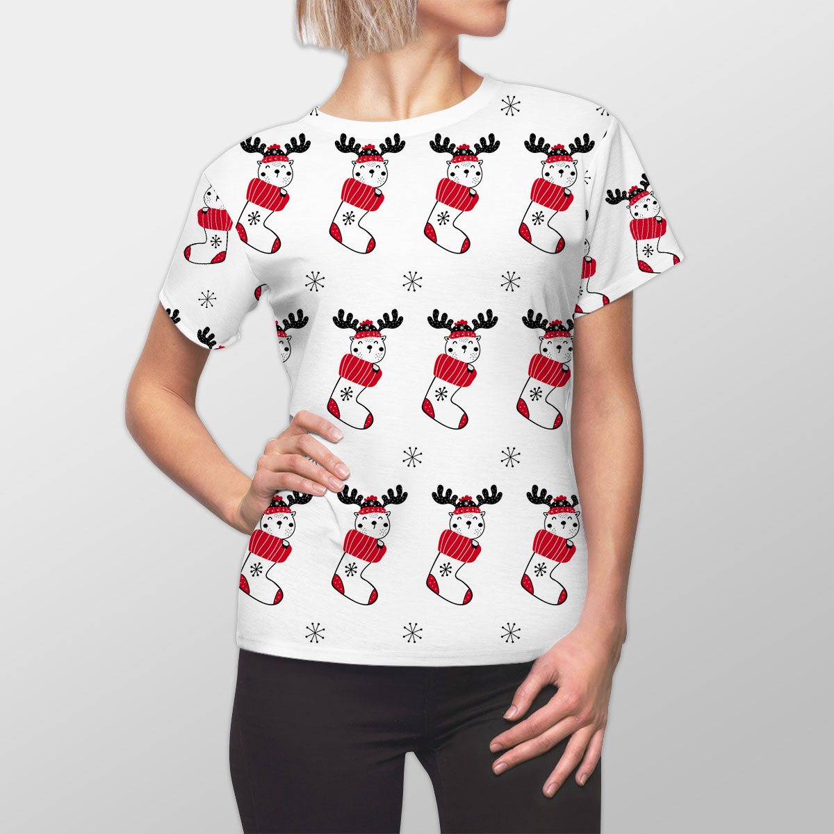 Reindeer Clipart In Hand Drawn Red Socks And Snowflake Clipart Seamless White Pattern Women Cut Sew Tee
