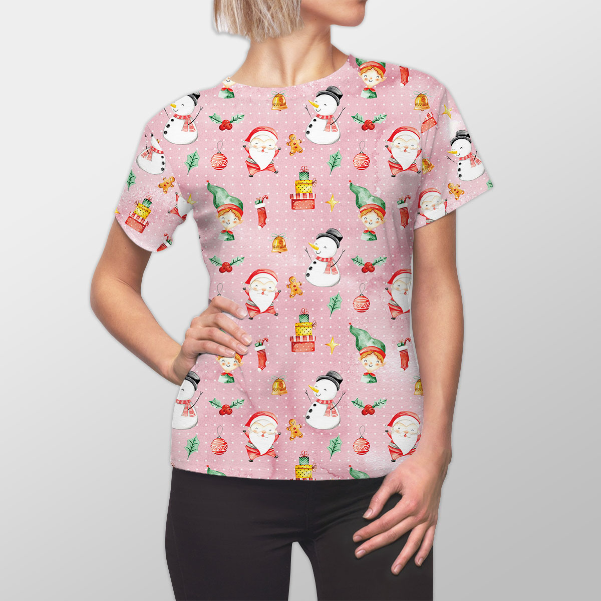 Santa Clause, Snowman And Christmas Elf With Christmas Gifts Women Cut Sew Tee
