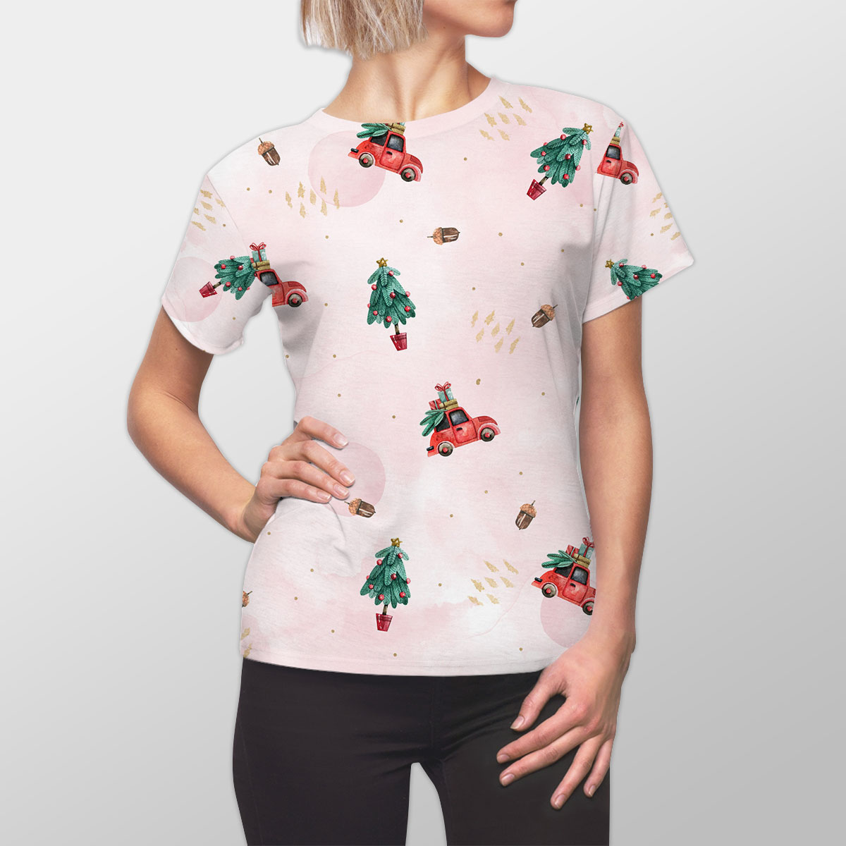 Watercolor Christmas Car With Gifts And Acorns Pink Pattern Women Cut Sew Tee