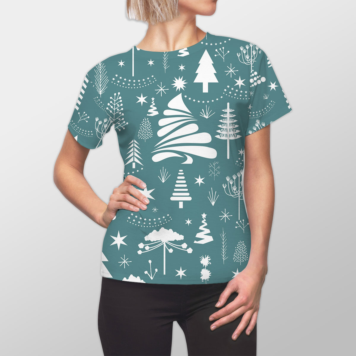 White And Blue Pine Tree Silhouette Pattern Women Cut Sew Tee