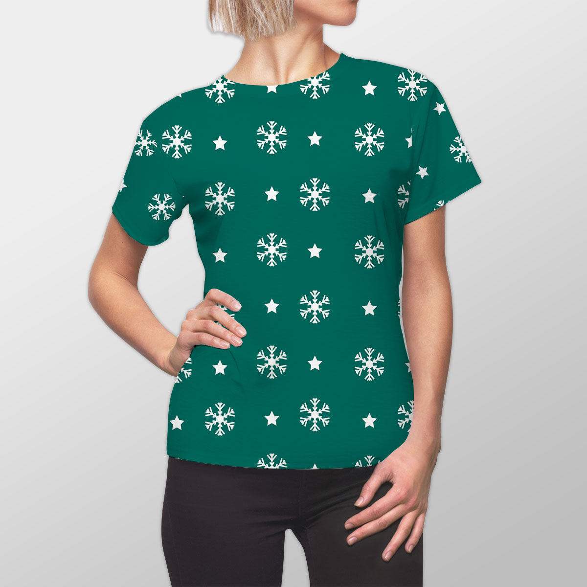 White And Dark Green Snowflake With Christmas Star Women Cut Sew Tee