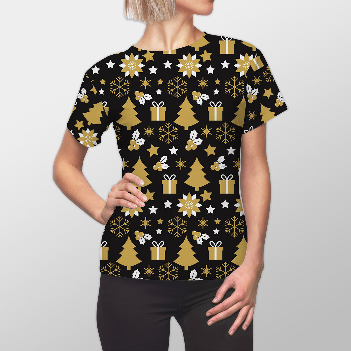White And Gold Christmas Gift, Christmas Tree, Snowflake On Black Background Women Cut Sew Tee