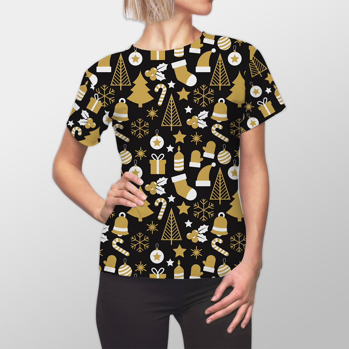 White And Gold Christmas Socks, Christmas Tree, Candy Cane On Black Background Women Cut Sew Tee
