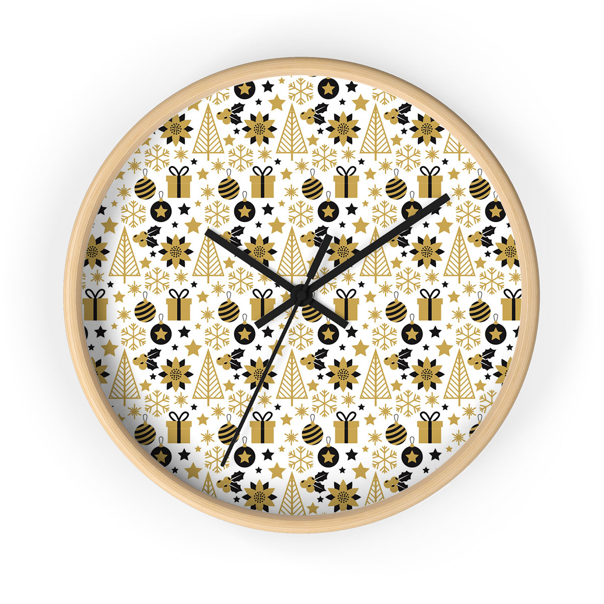 Black And Gold Christmas Gift, Holly Leaf, Snowflake On White Background Printed Wooden Wall Clock