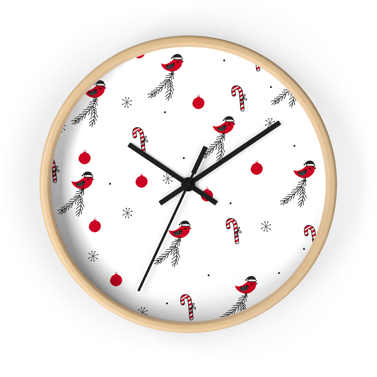 Cardinal Bird With Santa Hat, Candy Canes, Christmas Balls And Snowflake Clipart Seamless White Pattern Printed Wooden Wall Clock