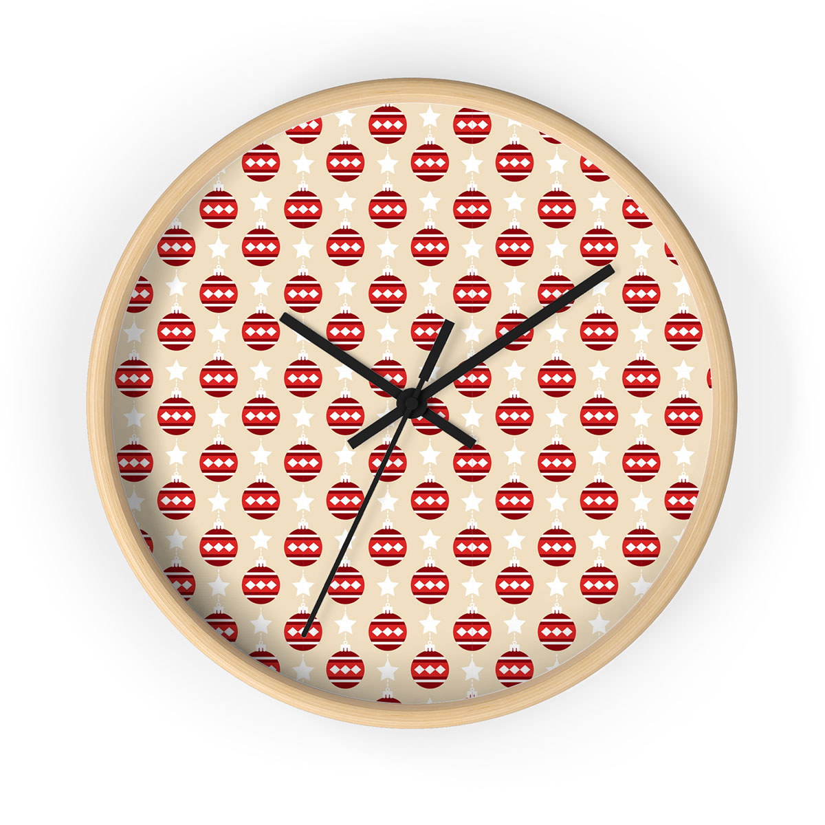 Christmas Balls Hanging With Star Seamless Pattern Printed Wooden Wall Clock