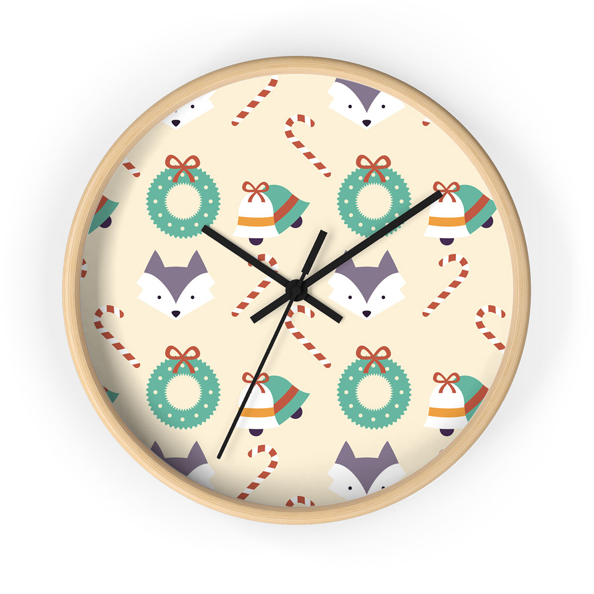 Christmas Bell, Candy Cane On Light Yellow Background Printed Wooden Wall Clock