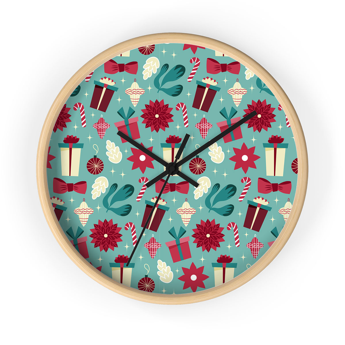 Christmas Gift, Candy Cane On Blue Background Printed Wooden Wall Clock
