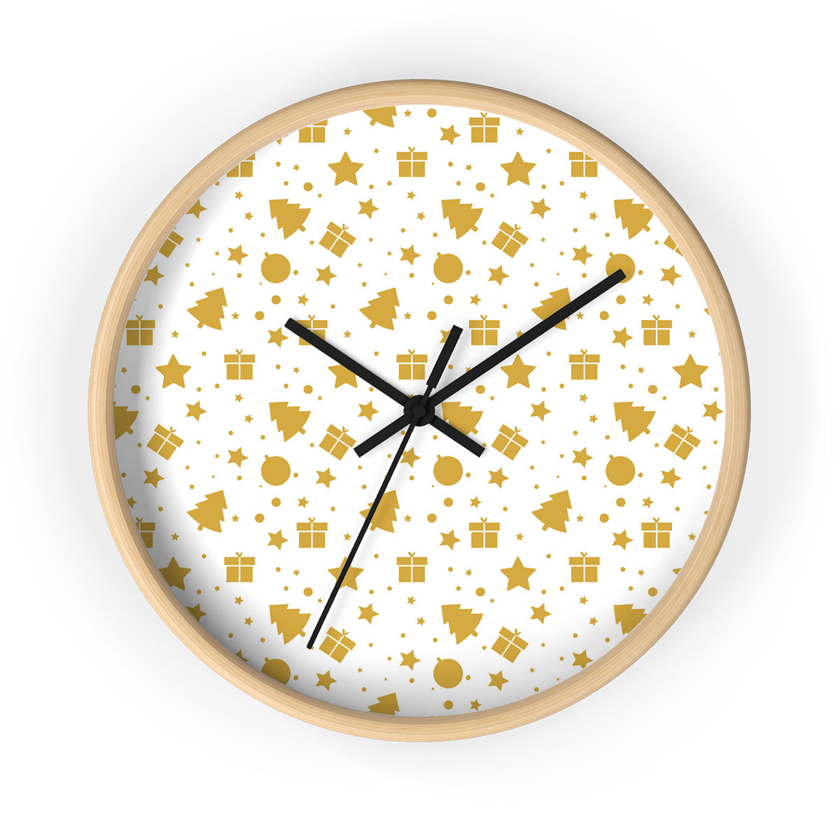 Christmas Gifts, Baudles And Pine Tree Silhouette Filled In Gold Color Pattern Printed Wooden Wall Clock