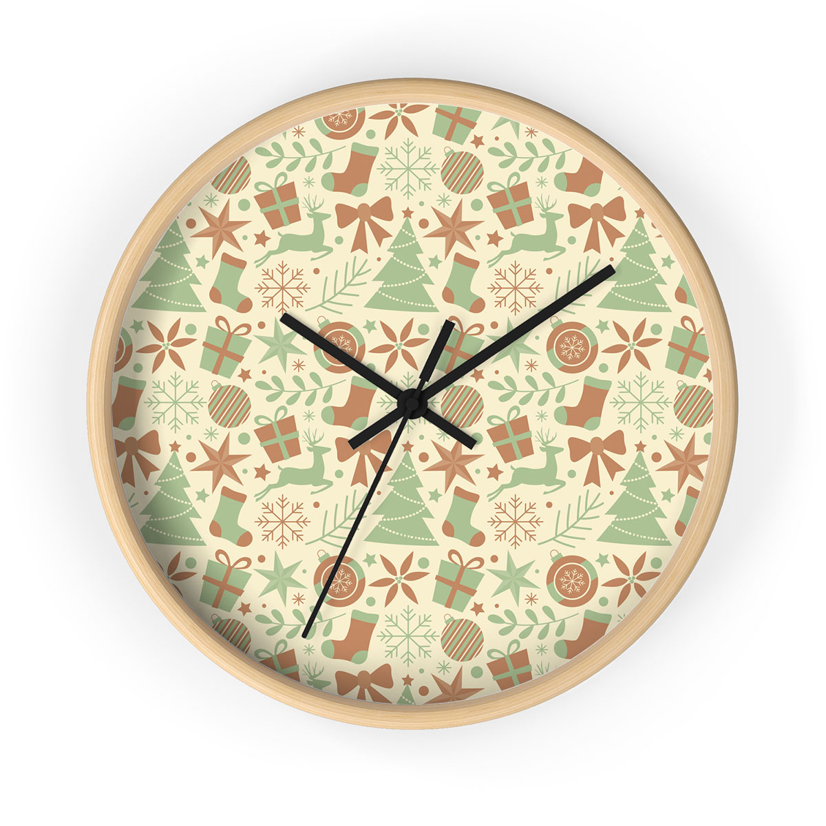 Christmas Gifts, Pine Tree and Red Socks On The Snowflake Background Printed Wooden Wall Clock