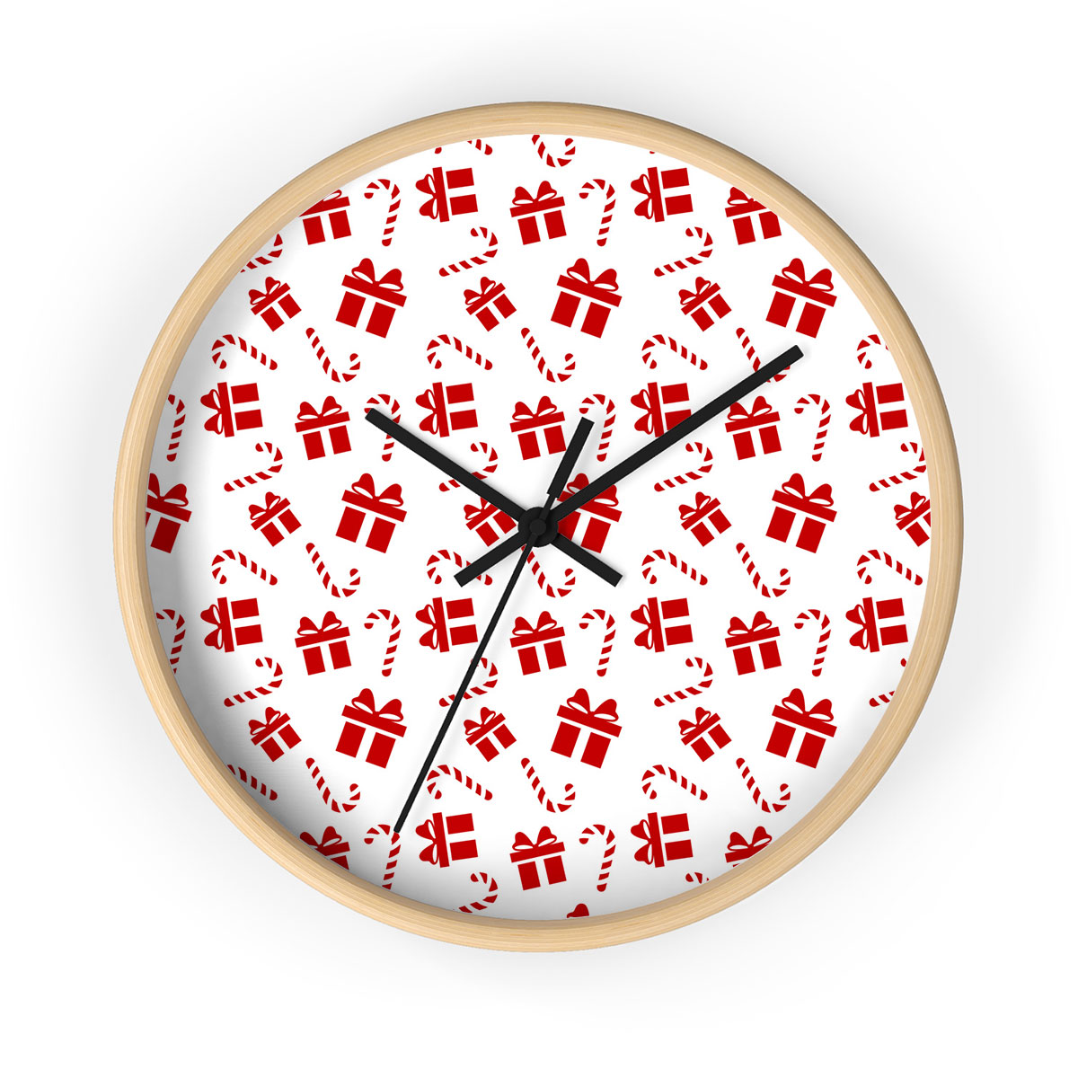 Christmas Gifts And Candy Canes Seamless White Pattern Printed Wooden Wall Clock