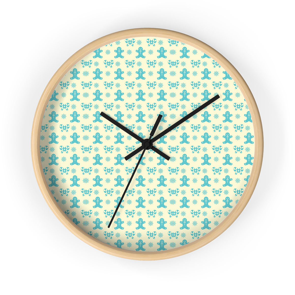 Christmas Gingerbread Man, Candy Cane On Snowflake Background Printed Wooden Wall Clock