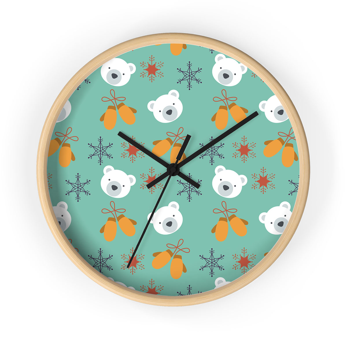 Christmas Gloves, Snowflake On Blue Background Printed Wooden Wall Clock