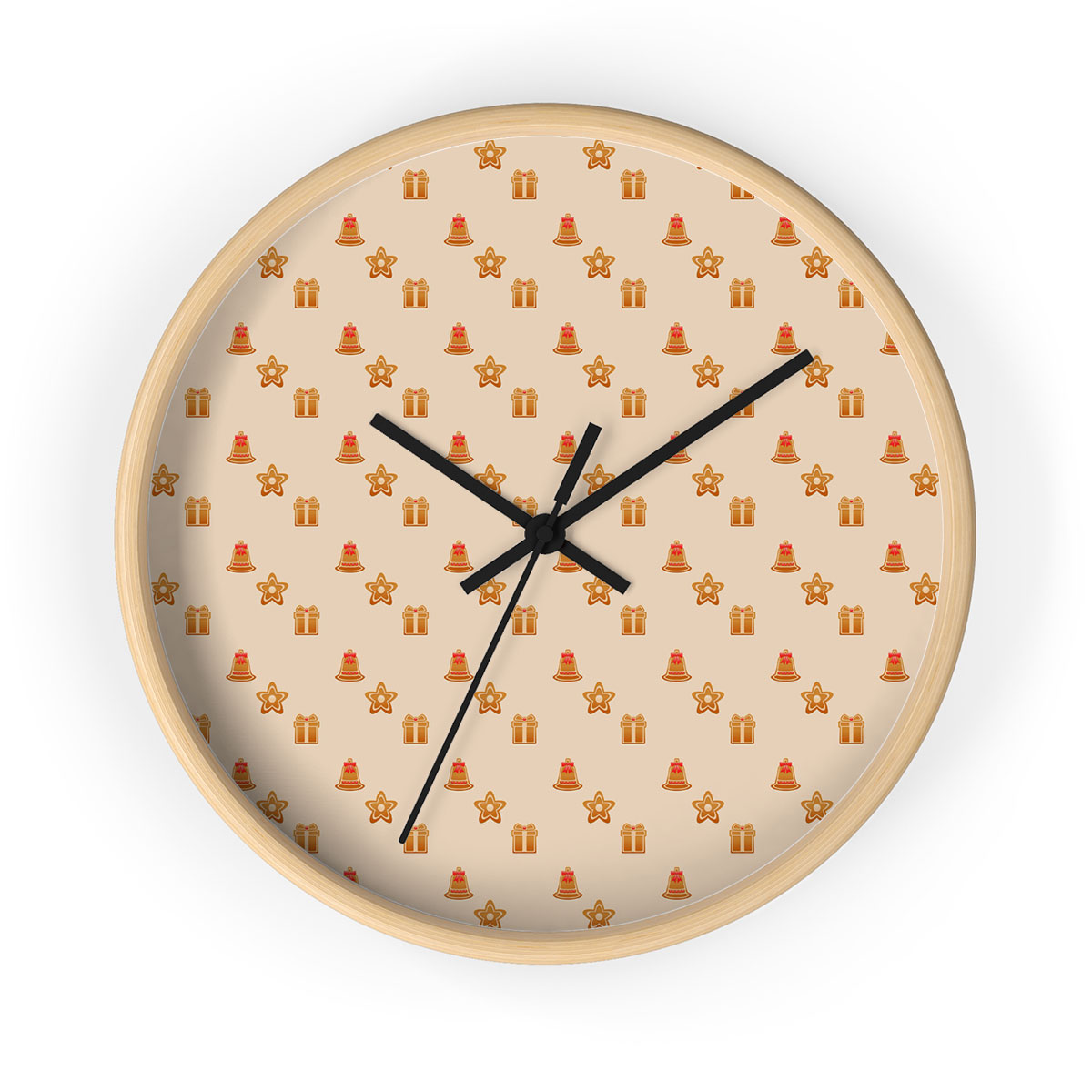 Christmas Pattern With Bells And Christmas Gift Printed Wooden Wall Clock