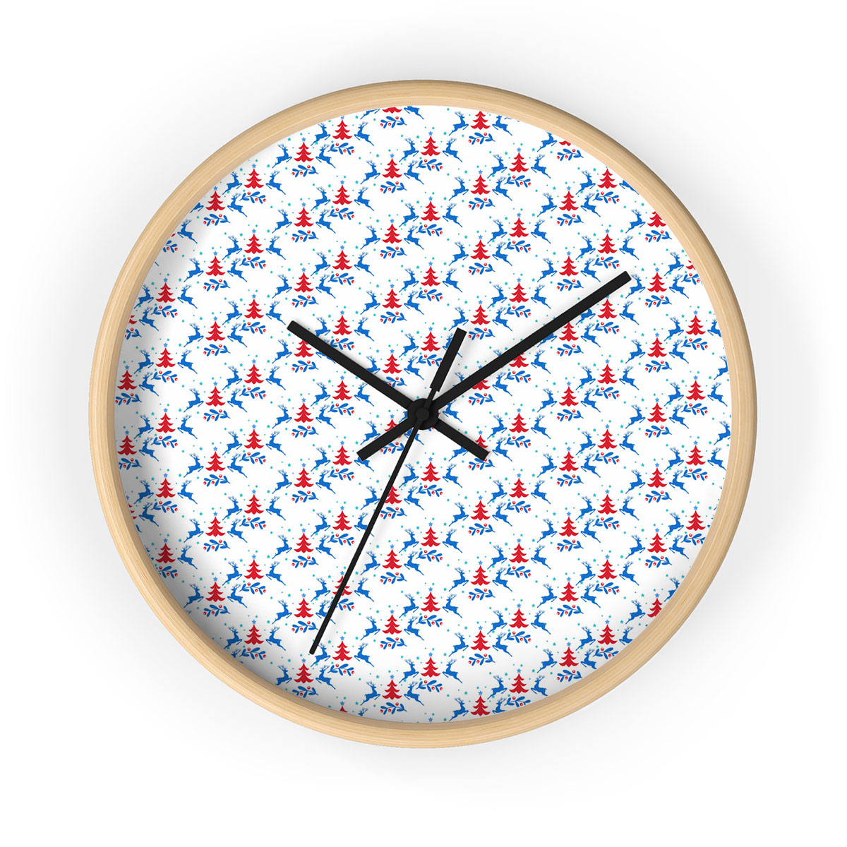 Christmas Pattern With Reindeer, Pine Tree And Christmas Mistletoe Printed Wooden Wall Clock