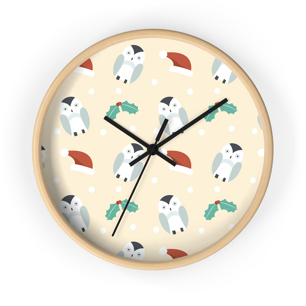 Christmas Penguins, Holly Leaf On Light Yellow Background Printed Wooden Wall Clock