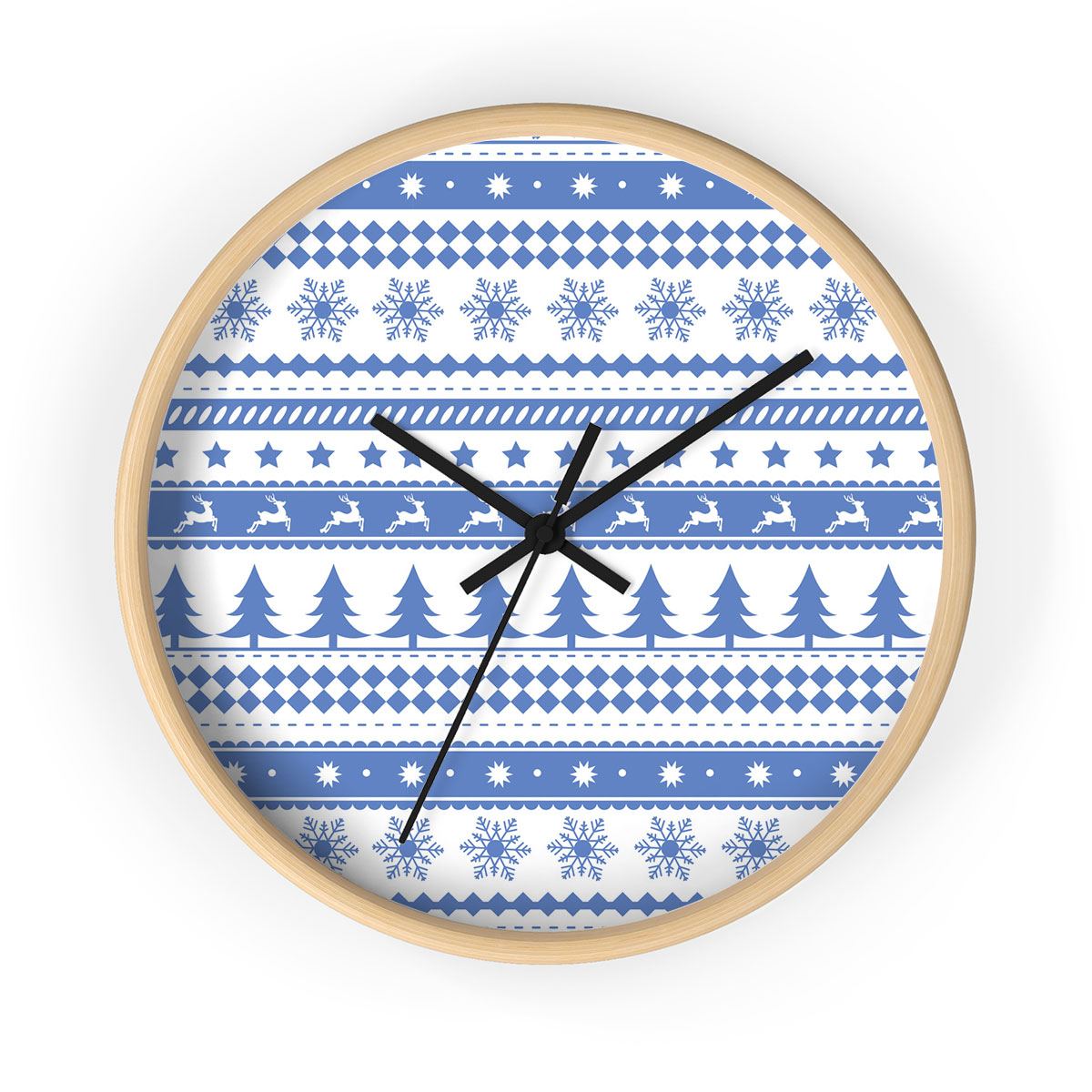 Christmas Pine Tree Silhouette, Reindeer And Snowflake Seamless Blue Pattern Printed Wooden Wall Clock