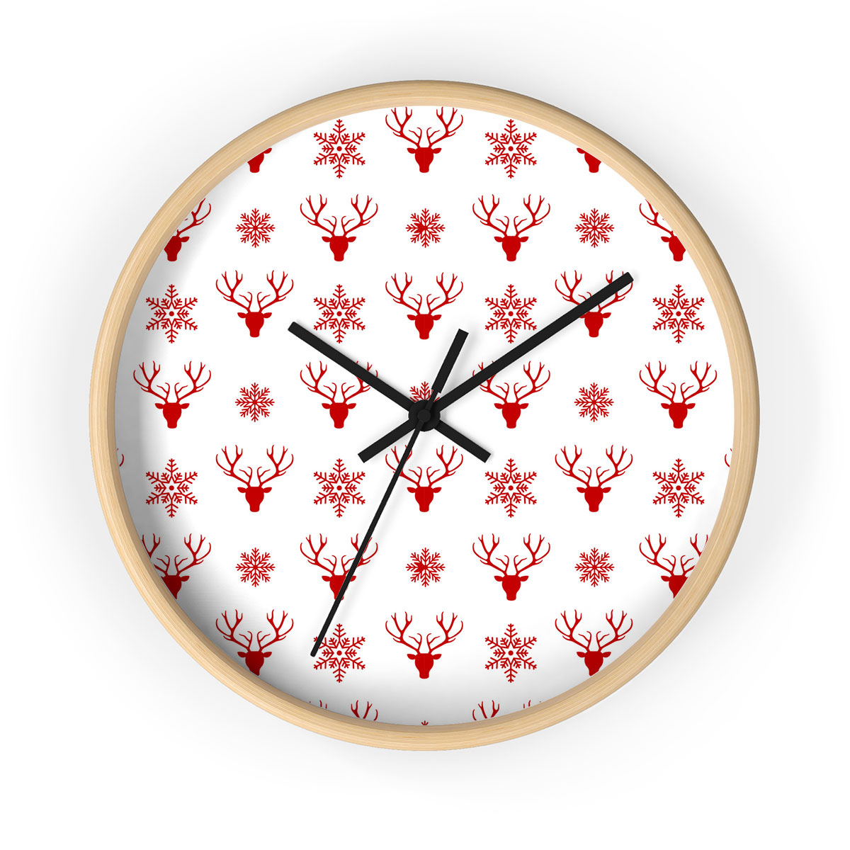 Christmas Reindeer And Snowflake Clipart Seamless White Pattern Printed Wooden Wall Clock