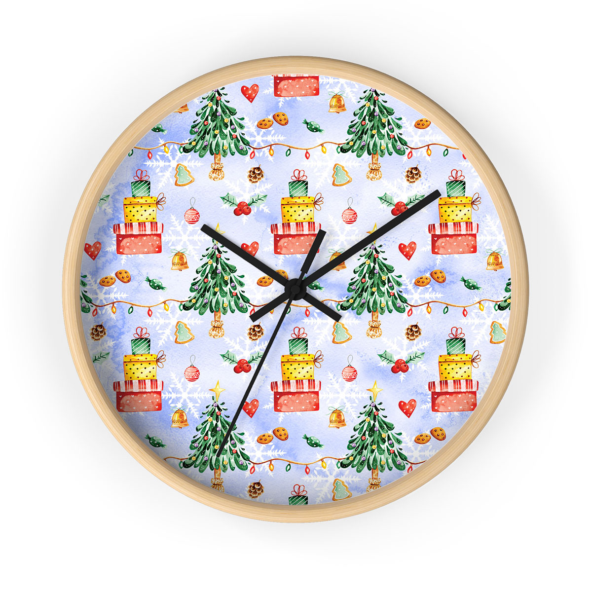 Christmas Tree, Christmas Balls And Christmas Gifts Printed Wooden Wall Clock