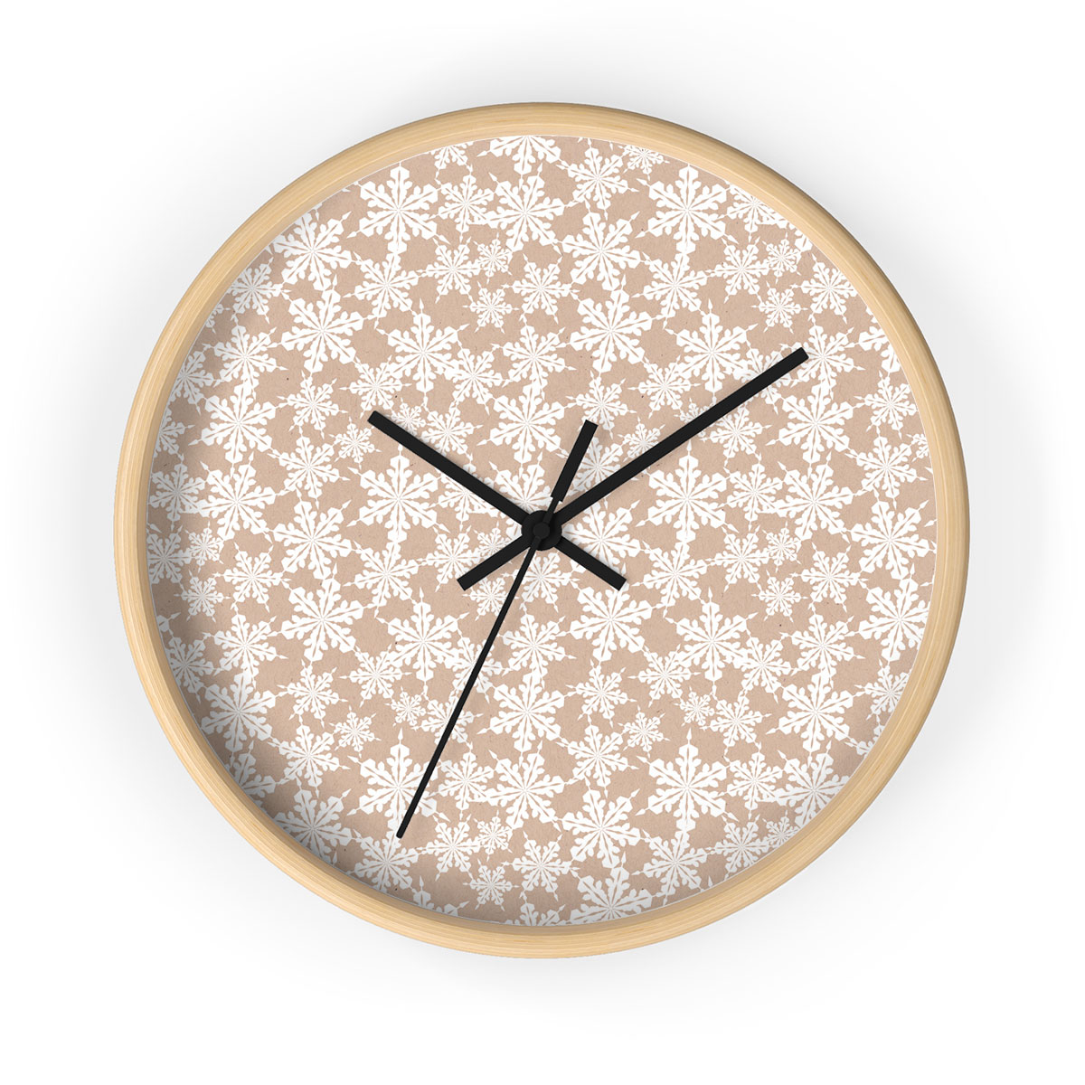 Christmas White Snowflake Christmas On Beige Nude Background Printed Wooden Wall Clock