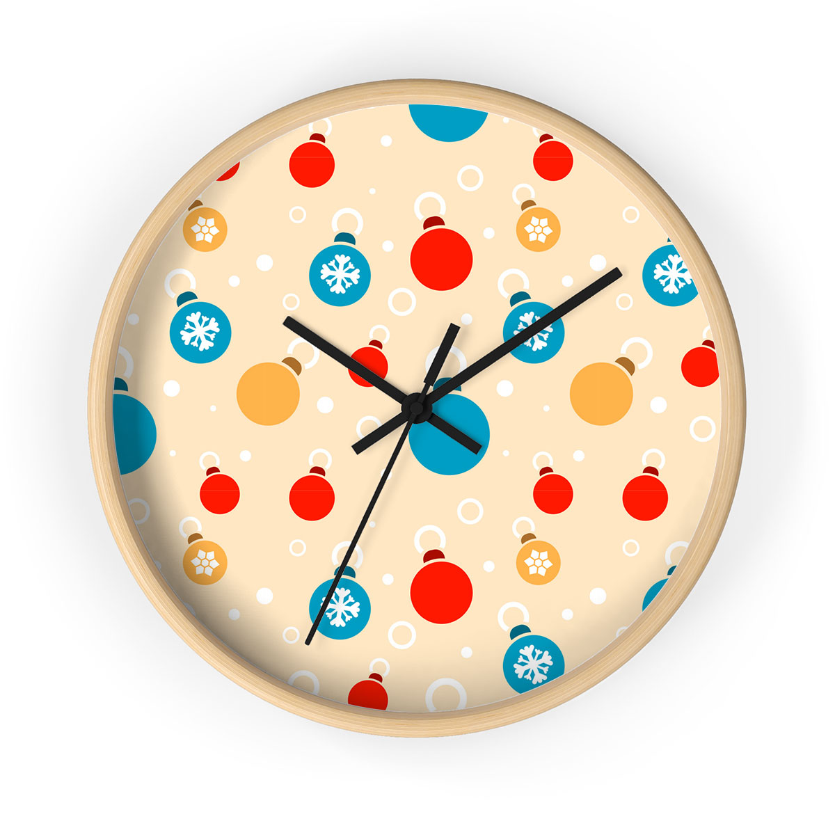 Colorful Christmas Ball On Yellow Background Printed Wooden Wall Clock