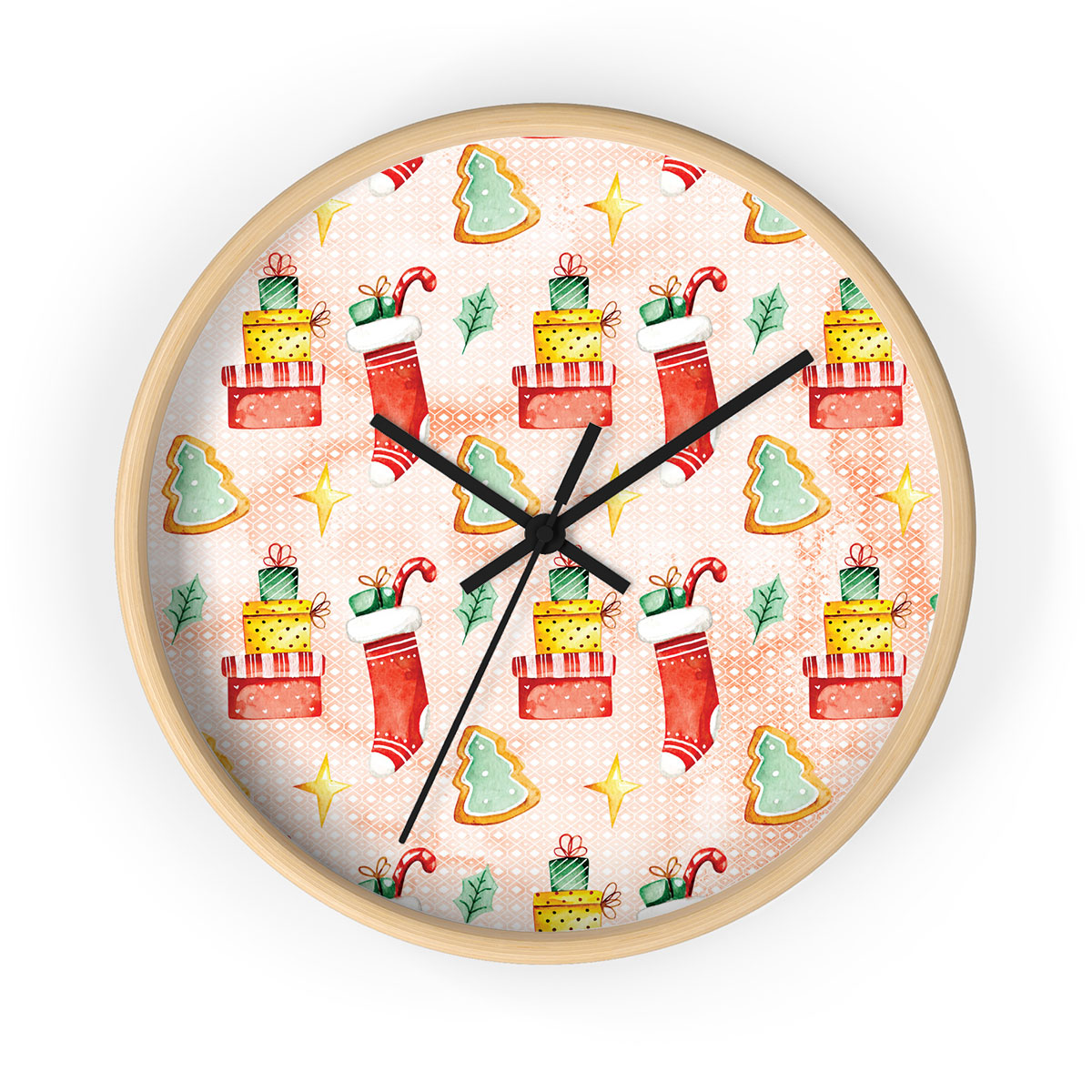 Gingerbread, Christmas Tree, Red Socks With Candy Canes Printed Wooden Wall Clock