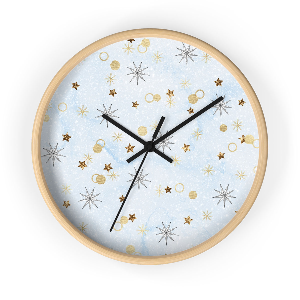 Gold Christmas Star On Snowflake Background Printed Wooden Wall Clock
