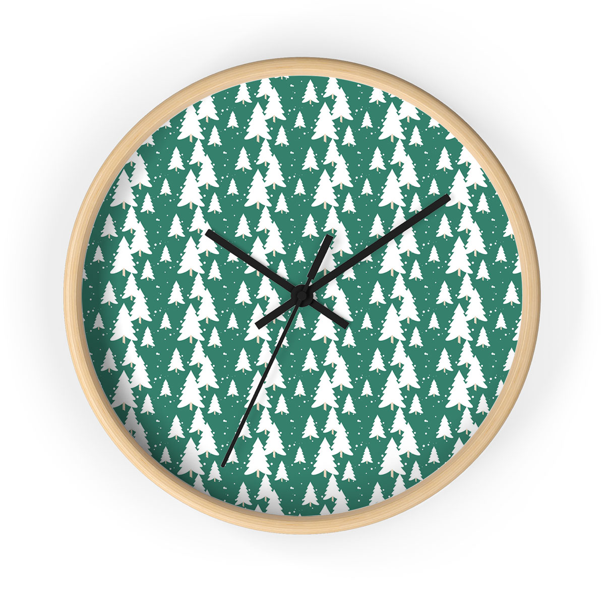 Green And White Christmas Tree Printed Wooden Wall Clock