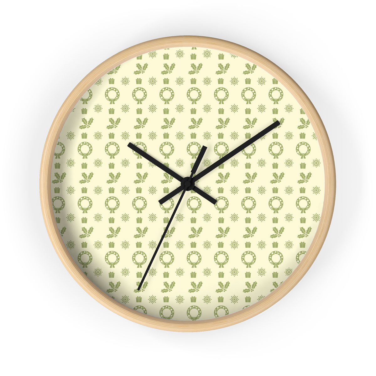 Green And Yellow Christmas Gift, Holly Leaf With Snowflake Printed Wooden Wall Clock