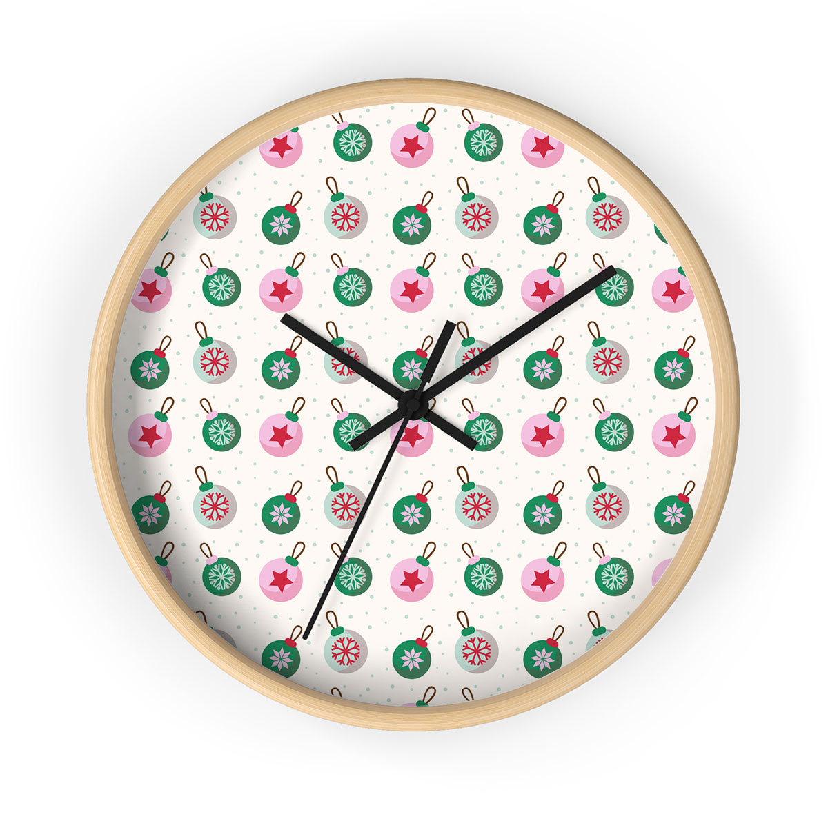 Green Pink And White Christmas Ball Pattern Printed Wooden Wall Clock