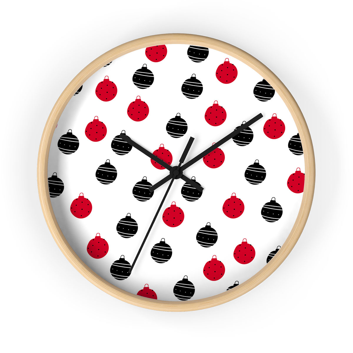 Hand Drawn Black and Red Christmas Balls Seamless Pattern Printed Wooden Wall Clock